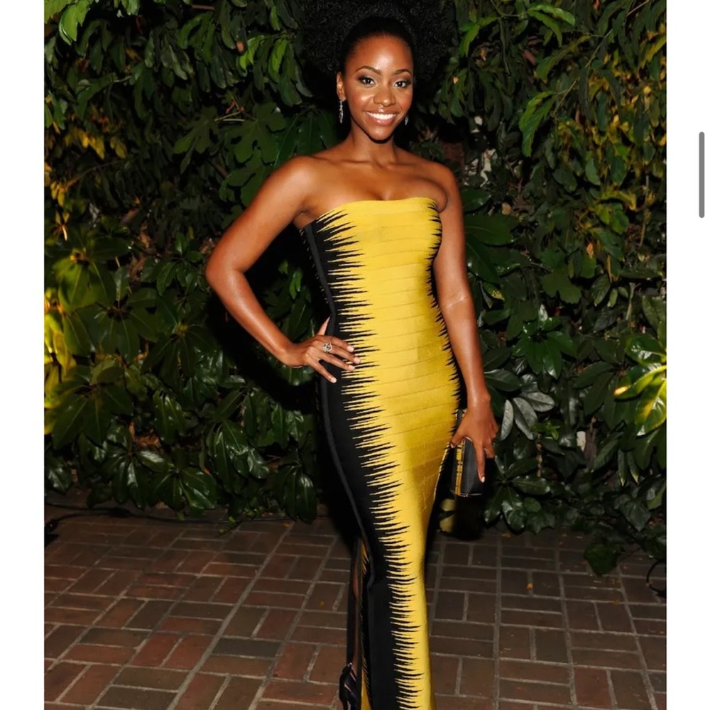Herve Leger Yellow Black Strapless Bodycon Dress Cocktail